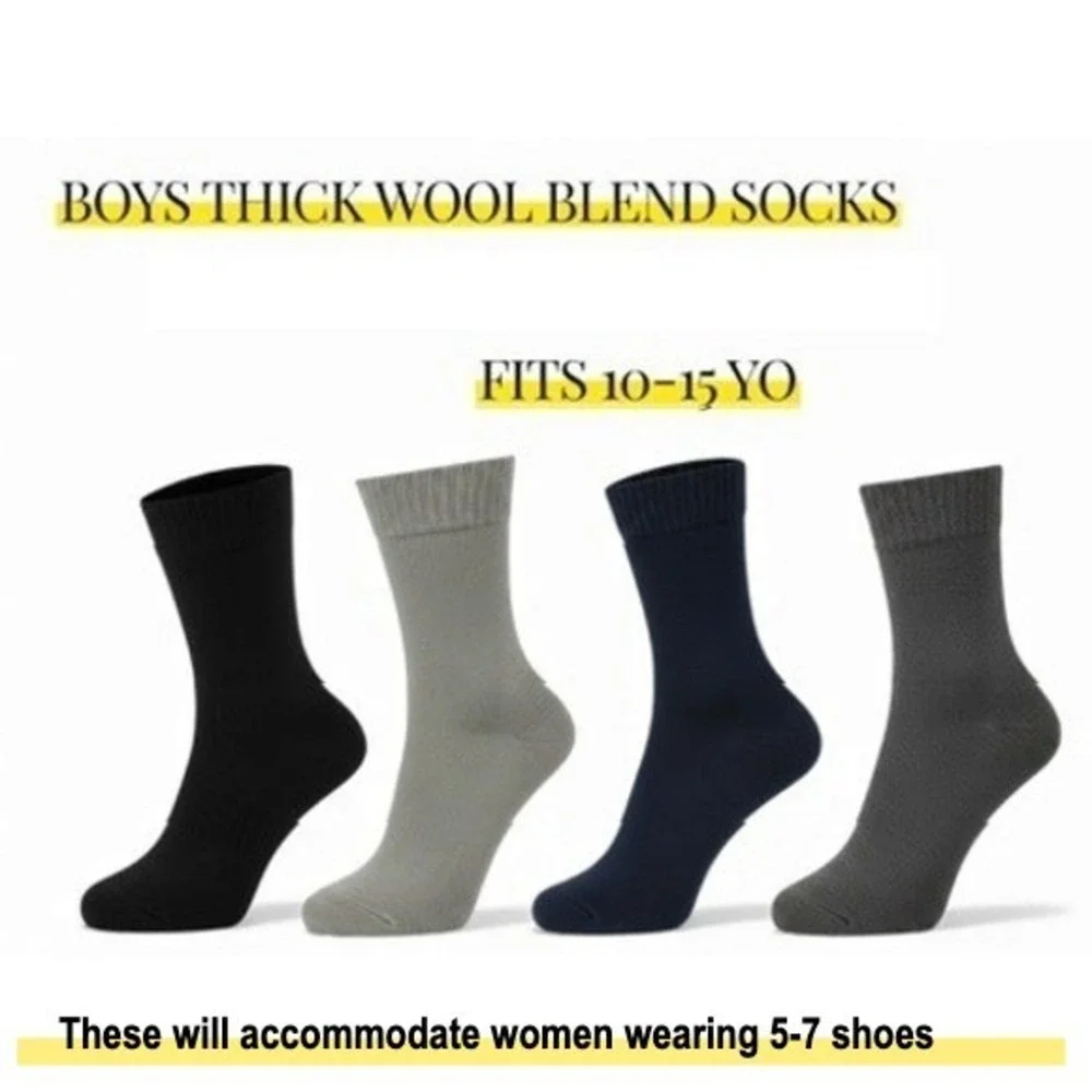 Boys Merino Wool Mid Calf Socks 10-15 Years Old 4 Pack Winter Thick Heavy Casual